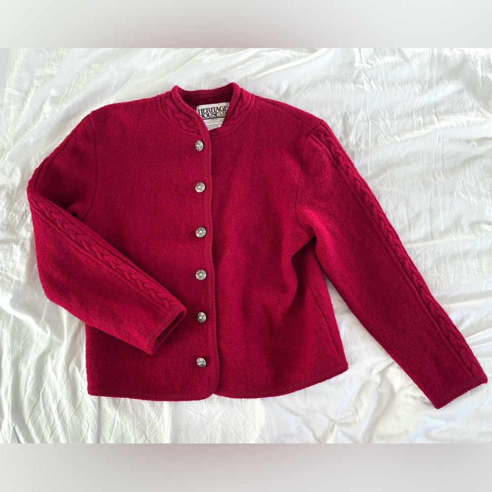 Vintage Heritage House Red Wool Cardigan with Silver Buttons